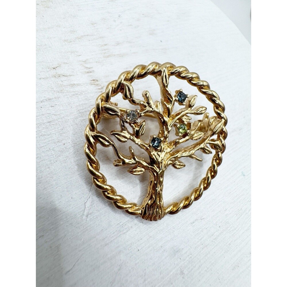 Tree Of Life Small Round Brooch Pendant Colorful Rhinestones - Picture 2 of 8